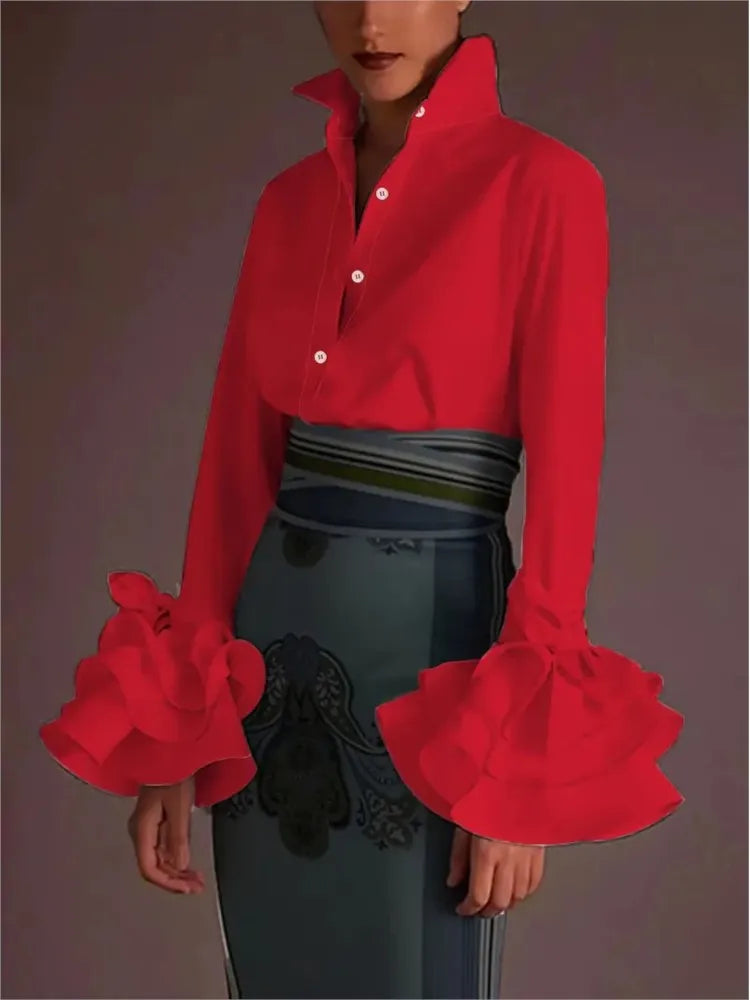 Women’s Elegant Flared Sleeve Falbala Blouse – Spring Autumn Solid Color Office Top 👚✨