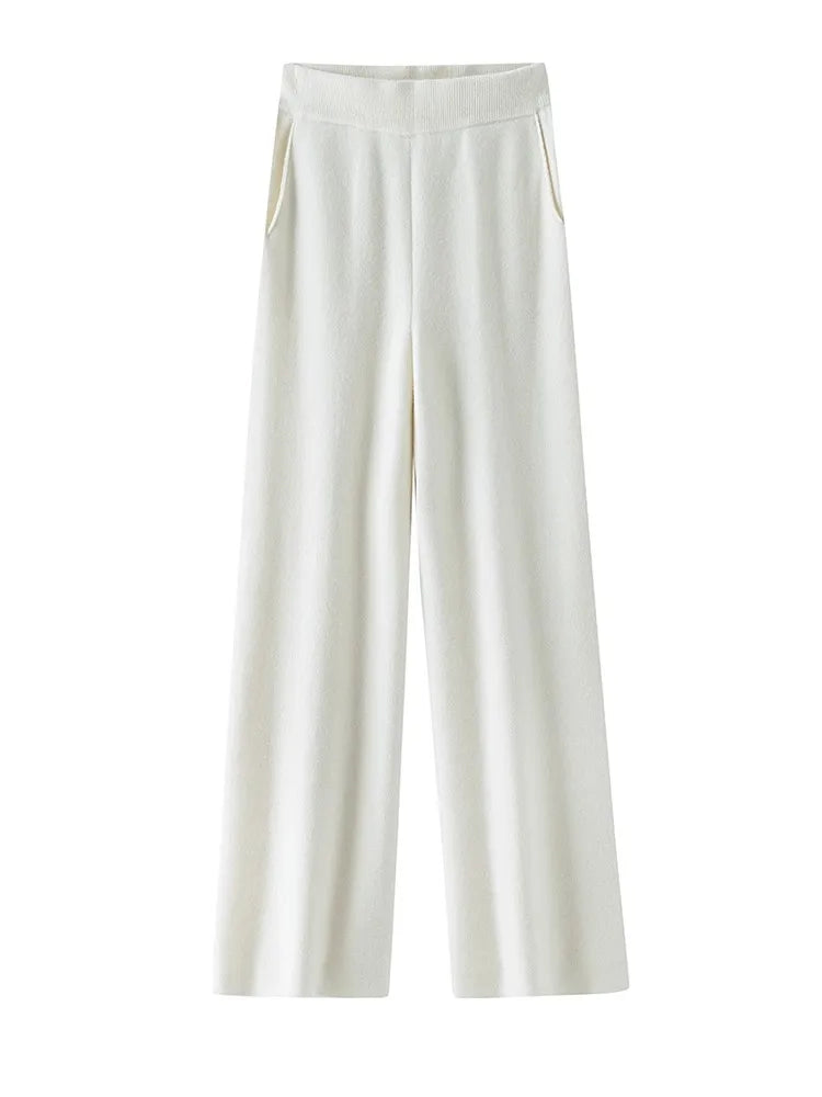 Elegant Women’s High Waist Wide-Leg Pants – Baggy Straight Knitted Trousers with Pockets