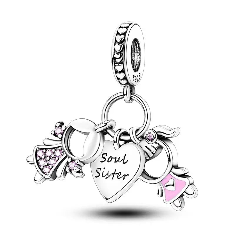 925 Sterling Silver Sweetheart Sister Charm | Fit Original Pandora & 3mm Bracelets DIY Jewelry Gift for Women