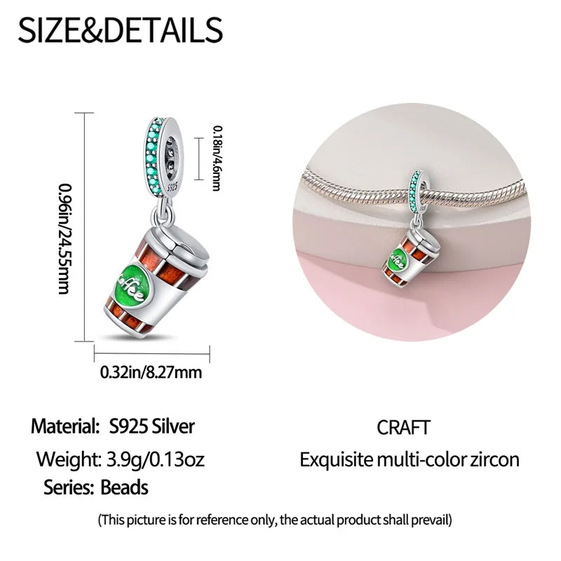 925 Sterling Silver Dessert Afternoon Tea Charm – Coffee, Cake, Pizza & Fries Beads Fit Original Pandora Bracelet DIY Jewelry