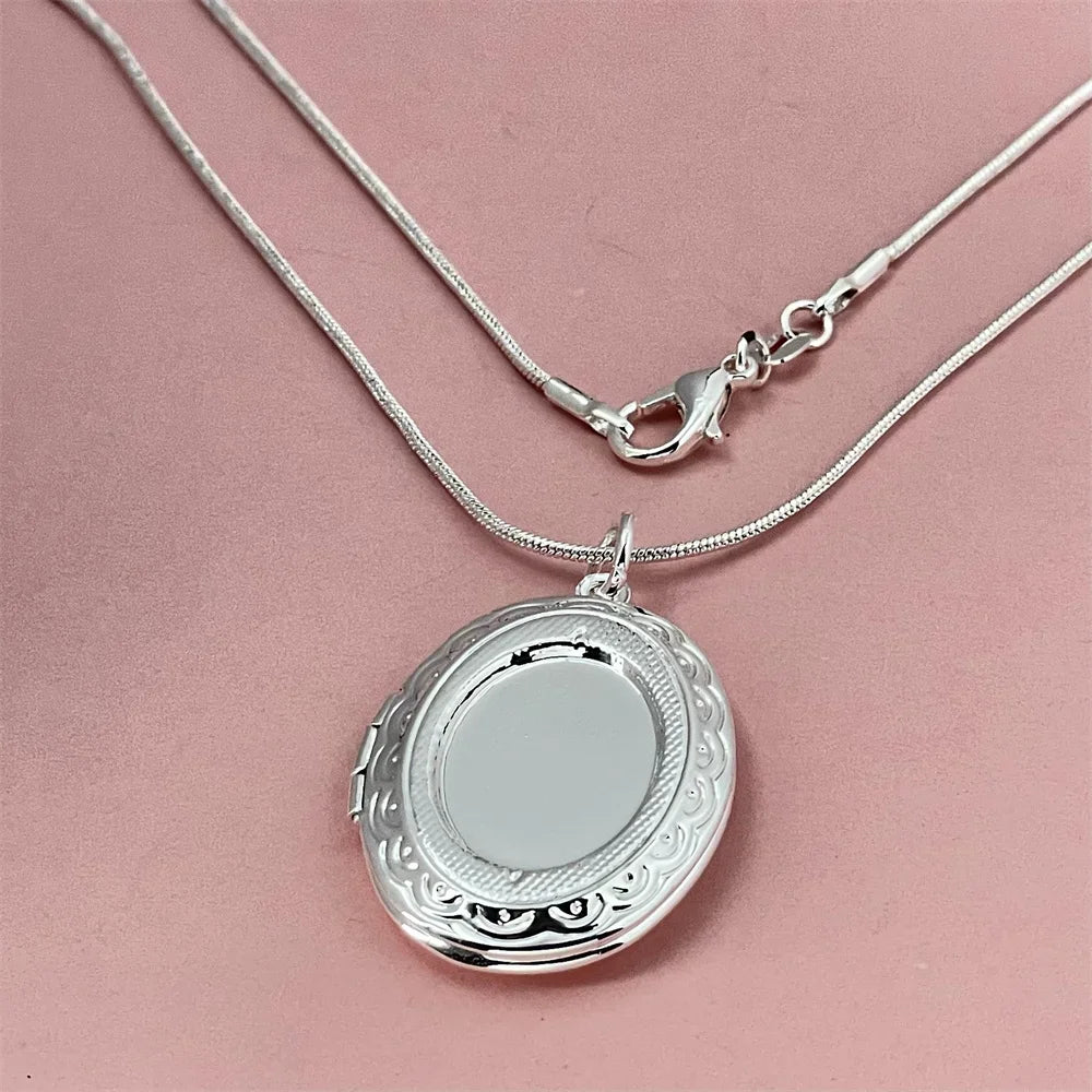 925 Sterling Silver Oval Photo Frame Pendant Necklace | Snake Bone Chain | Fashion Simple Jewelry