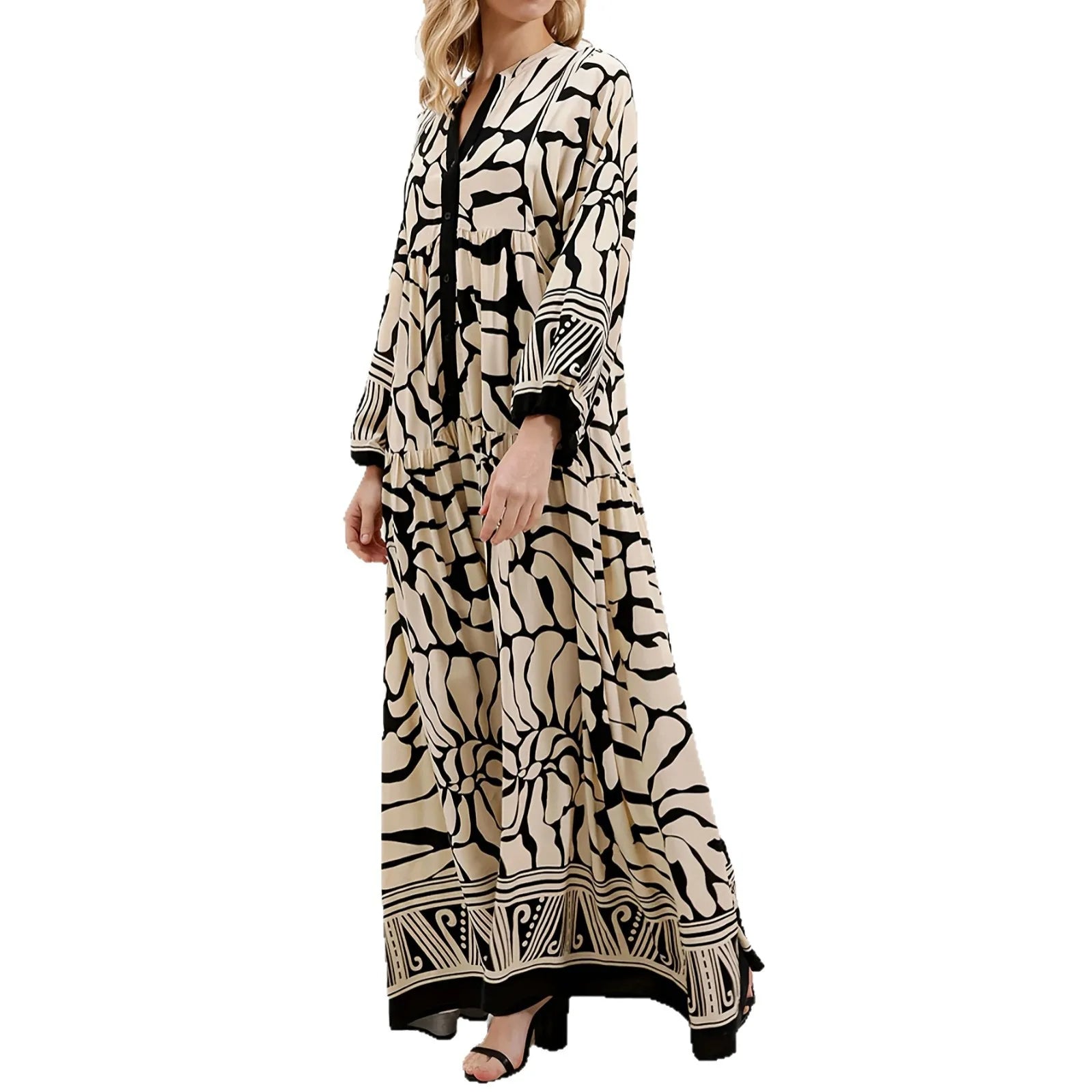 Elegant Long Sleeve V-Neck Loose Maxi Dress for Women | 2025 Autumn Middle East Fashion Casual Long Dress