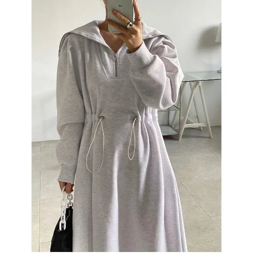 Chic Autumn Long Sve Dstring Waist Slim A-Line Dr Hoodie Women's Faionable Youthful f Open Collar Dr