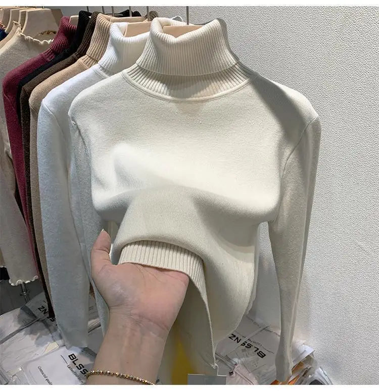 2025 Women’s High Collar Pullover Sweater – Thick Warm Soft Winter Top | Solid Color Bottoming Shirt