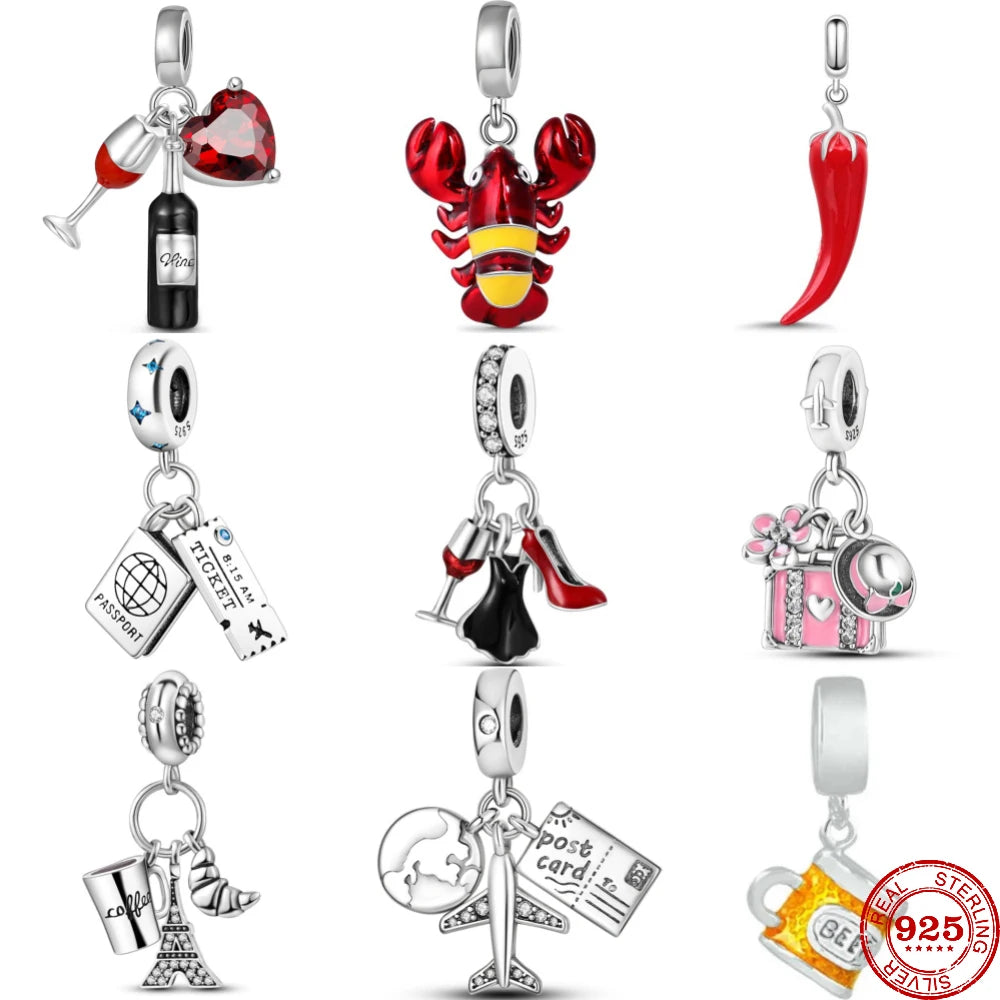 New 925 Sterling Silver Travel & Food Charm Beads – Wine, Lobster, Chili, Passport, Eiffel Tower, Plane & Beer for Pandora Bracelet