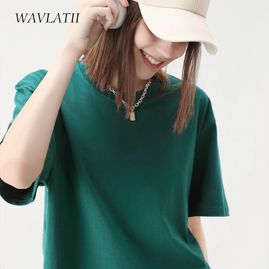 WAVLATII 100% Cotton Solid T-Shirts for Women | Oversized Casual Summer Tees | Pink & White Short Sleeve Tops WT2401