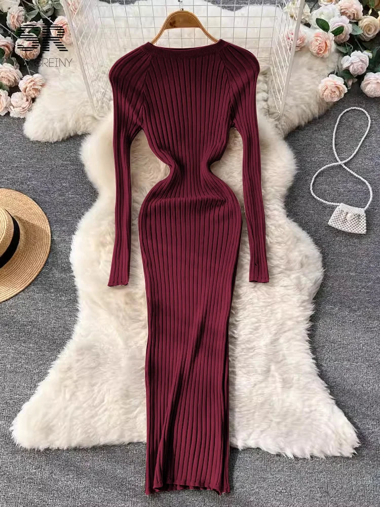 SINGREINY Winter Women’s Knit Maxi Dress – Slim Solid O-Neck Long Sleeve Pencil Sweater Dress | Autumn Harajuku Fashion