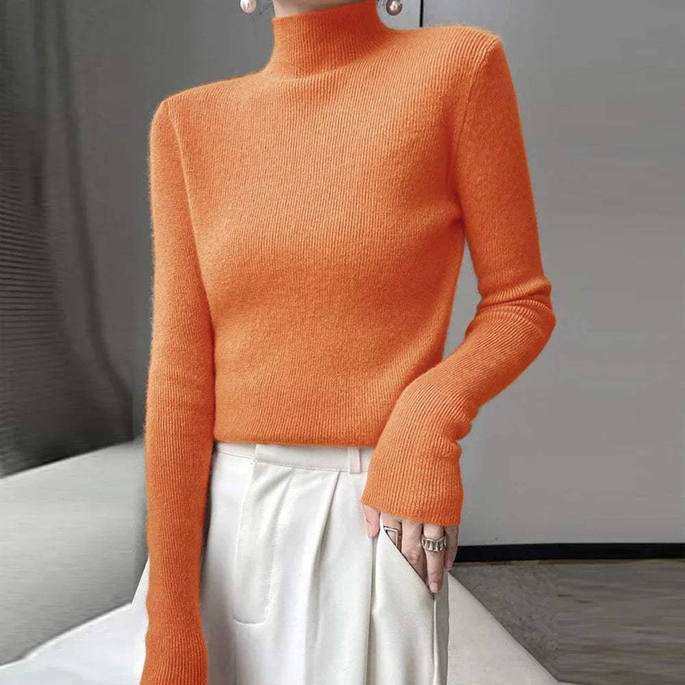 Women’s High Collar Knitted Sweater | Slim Fit Long Sleeve Top | Blue, Purple & Red Bottoming Shirt