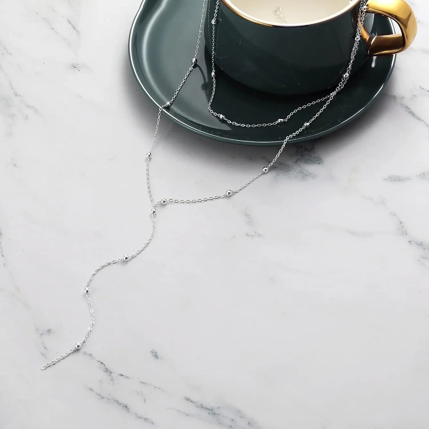 14K Gold Plated Y-Shaped Pendant Necklace for Women | Layered Beaded Chain Silver Drop Necklace Gift