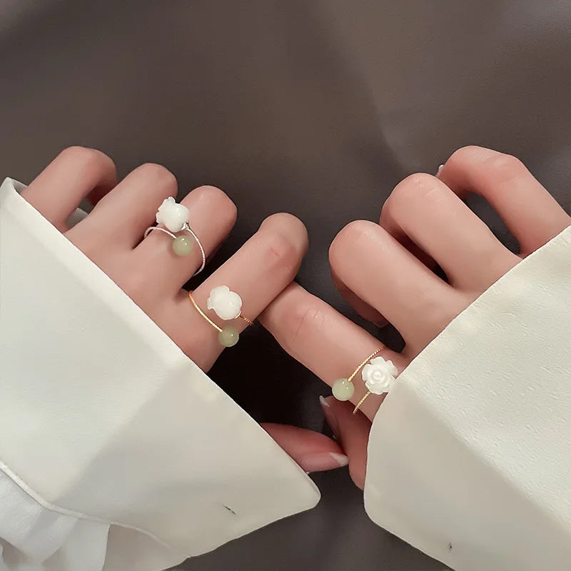 PANJBJ 925 Sterling Silver Hotan Jade Geometric Adjustable Ring | Retro Delicate Jewelry Gift for Women