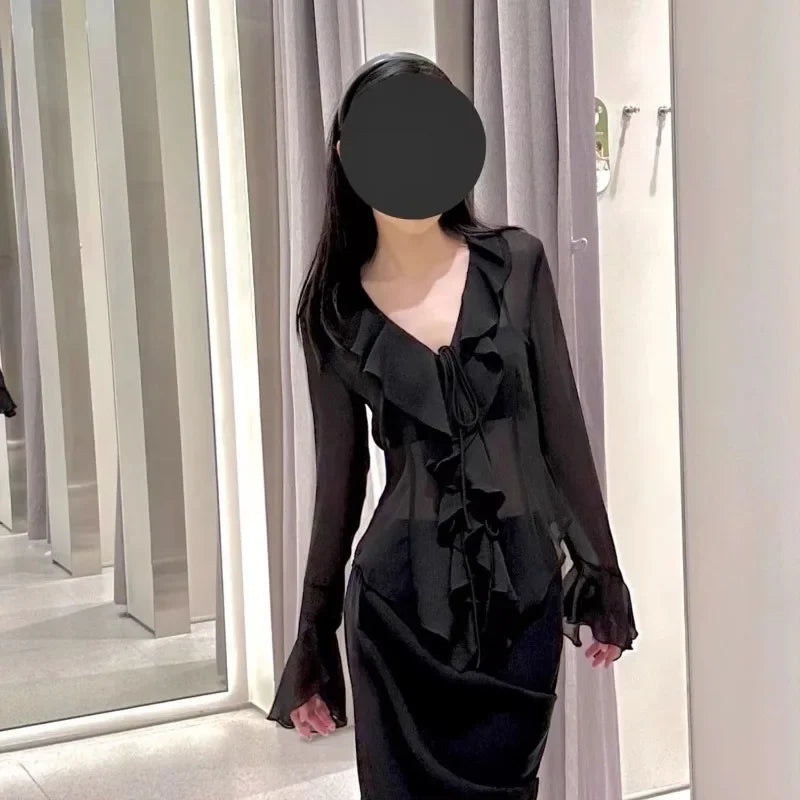 2025 Women’s Lace-Up V-Neck Ruffle Blouse | Elegant Long Sleeve Office & Casual Top