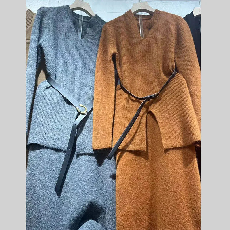 Hebe Style Knitted Two-Piece Set for Women – Slim Fit High Waist Sweater & Split Skirt | Elegant Autumn Winter Korean Outfit