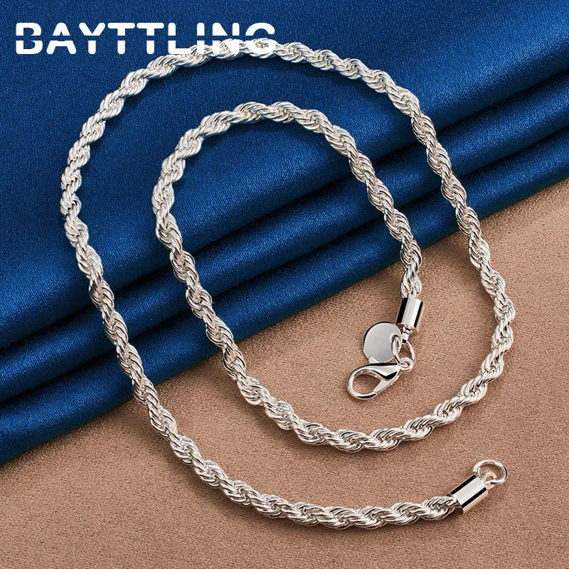 Charm 925 Sterling Silver 4MM Rope Chain Necklace & Bracelet Set – Men Women Fashion Wedding Jewelry Gift