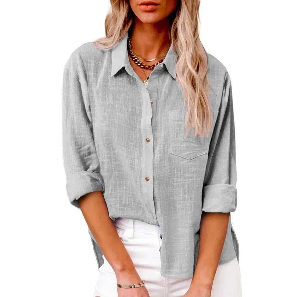 Cotton Linen Long Sleeve Women’s Shirt – Solid Elegant Casual T-Shirt 👚🌿