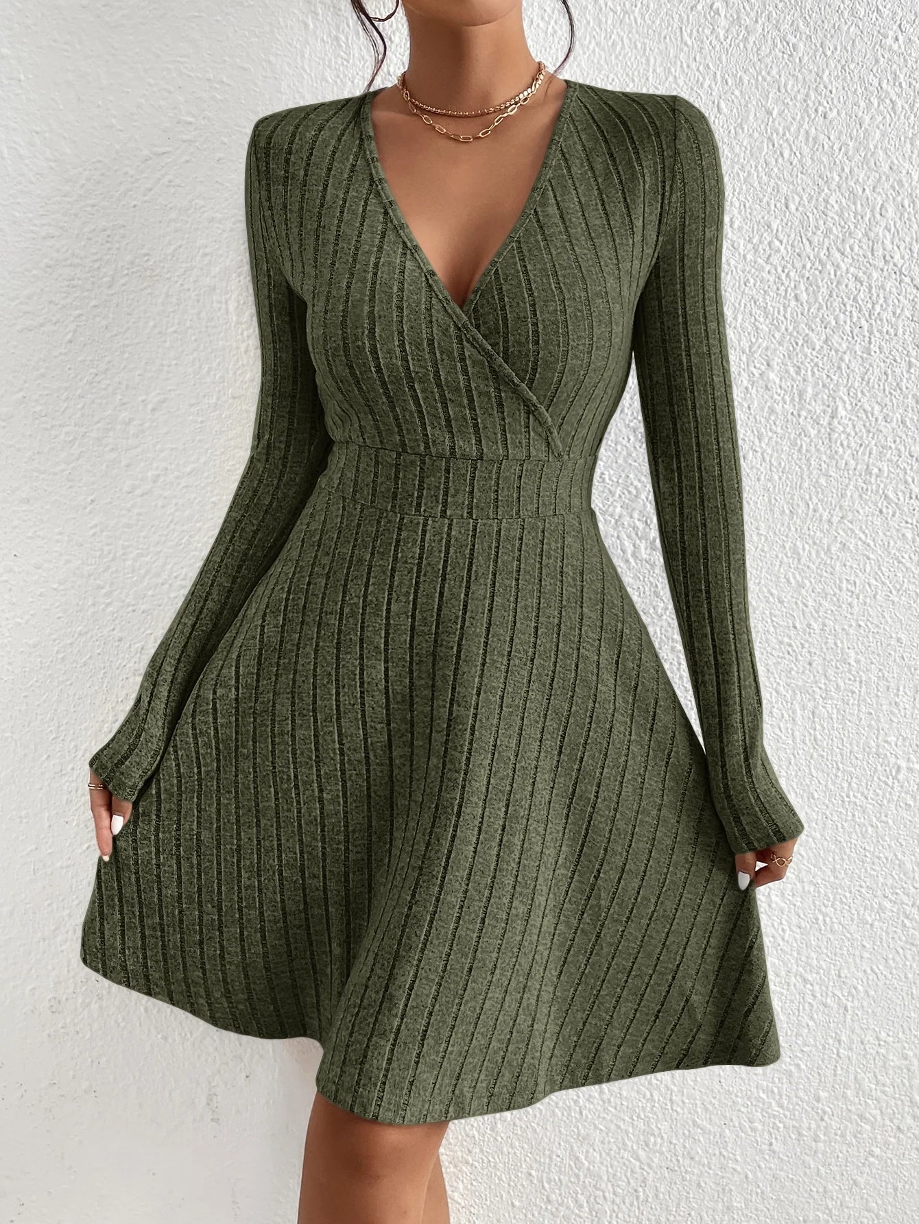 Women’s Slim Fit V-Neck Knit Dress – Long Sleeve Autumn Winter Sexy Bodycon Sweater Midi Dress, Casual Solid Color