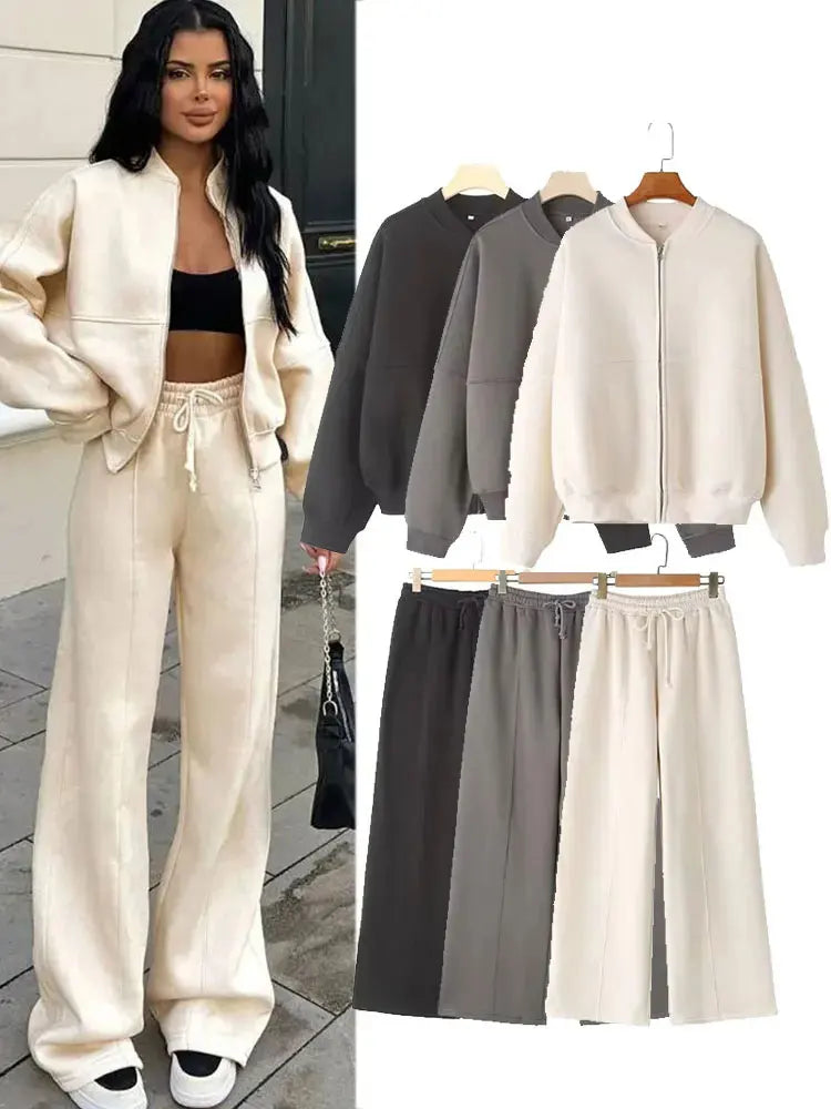 HH Women’s Fall 2-Piece Retro Set – Zip Bomber Jacket & High Waist Lace-Up Wide Leg Pants 🍁🖤