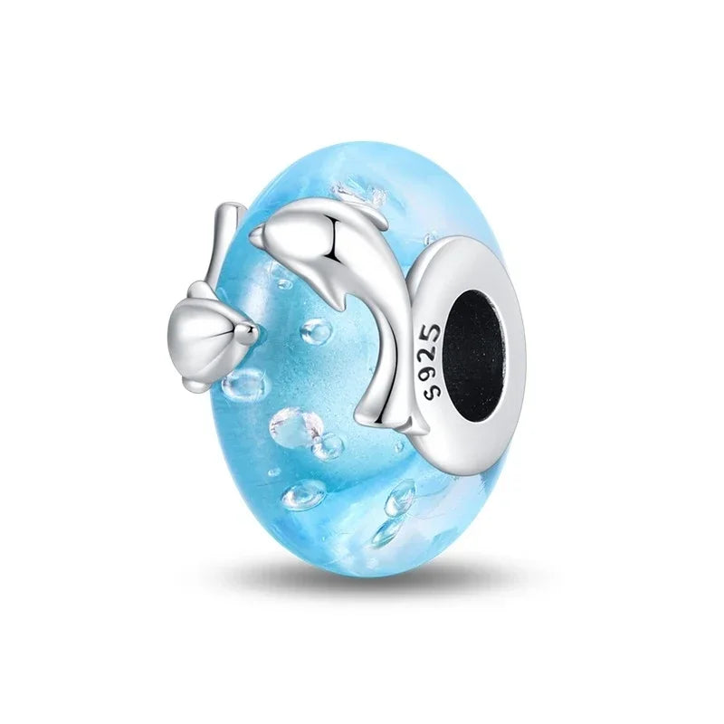 925 Sterling Silver Murano Glass Galaxy & Clover Heart Beads | Fit Pandora Bracelet DIY Jewelry Gift for Mum