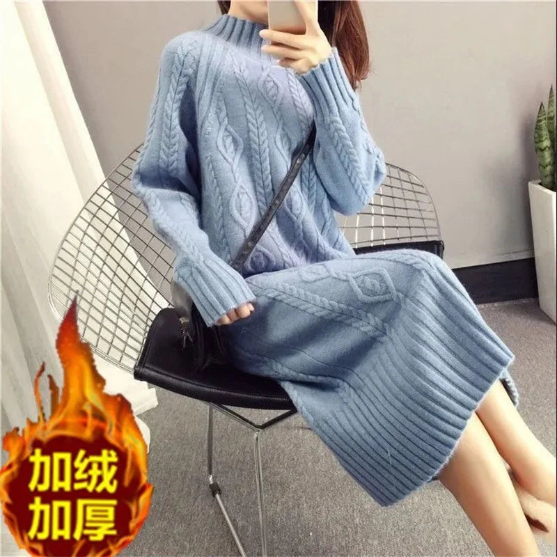 Khaki Thickened Half High Neck Sweater Dress for Women – Autumn Winter 2023 Korean Fashion Loose Thin Knit Long Dress