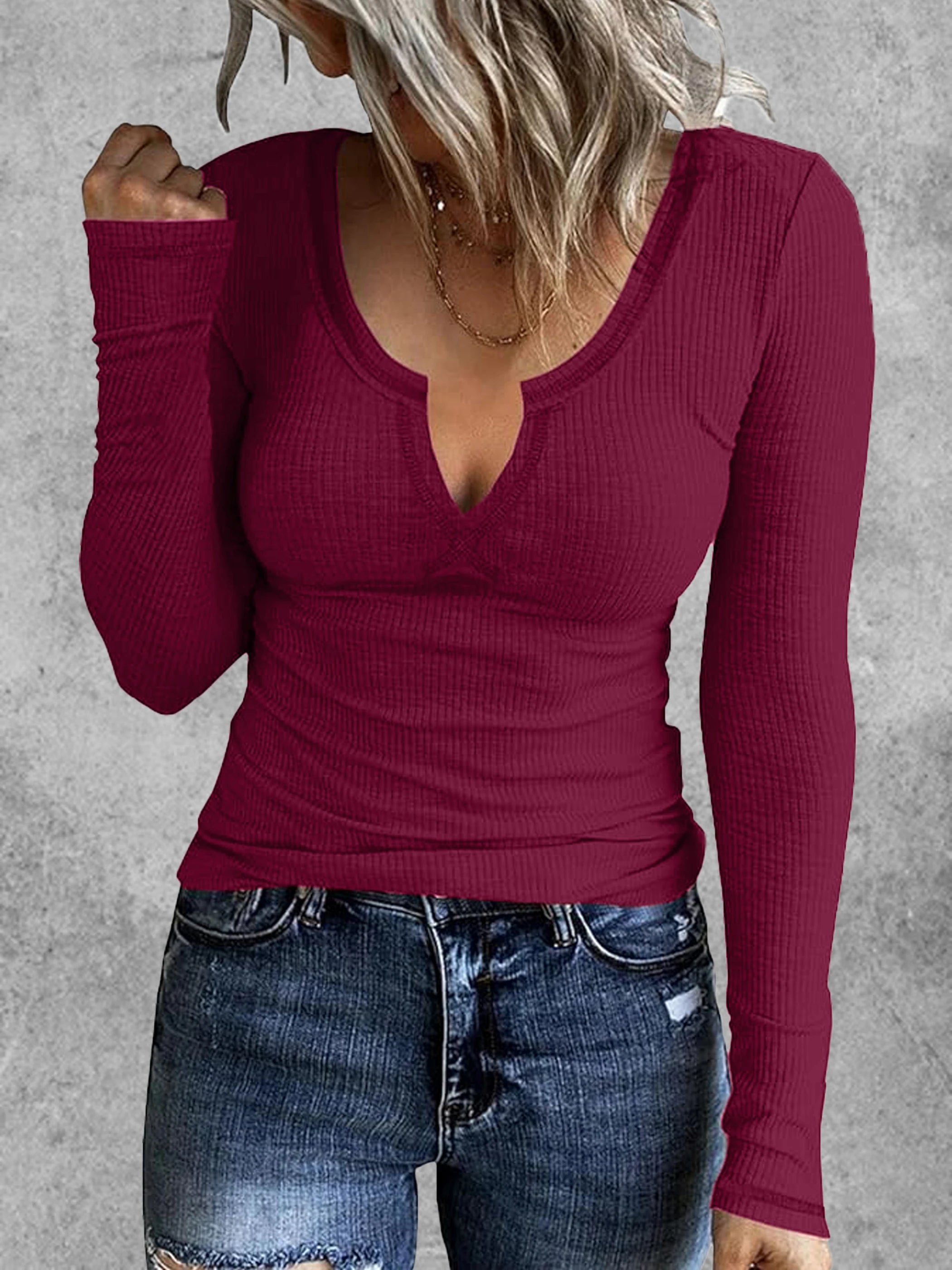 Women’s Ribbed Solid Notch Neck T-Shirt | Casual Long Sleeve Top for Spring & Fall