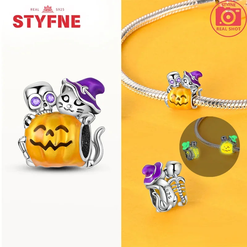 925 Sterling Silver Luminous Pumpkin Skull Charm – Halloween Series Beads Fit Original Pandora Bracelet Women DIY Jewelry Gift