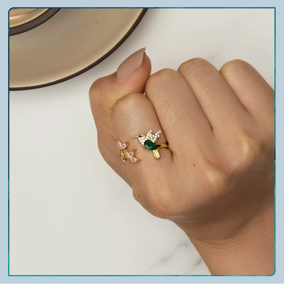 BISAER 925 Sterling Silver Floral Bird Open Ring | Adjustable White Gold Plated Flower Band for Women – Fine Party Jewelry