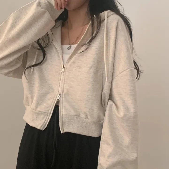 Chic Early Autumn Casual Long Sleeve Hoodie – Double Zipper Loose Versatile Cotton Pullover | Pure Color Commute Wear
