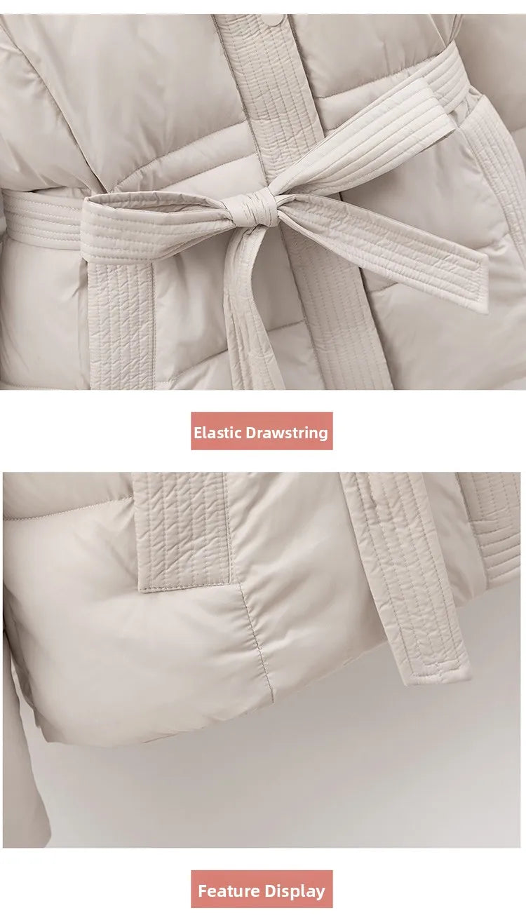 Slimming Cotton Down Jacket for Women | Hooded Winter Coat with Drawstring Waist | Lightweight Warm Outerwear