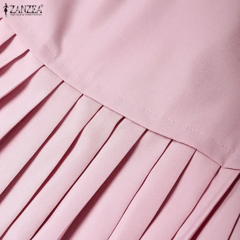Women Pleated Dress 👗 Elegant O-Neck Short Sleeve Fitted Waist A-Line Knee-Length Dress 🌸 ZANZEA Fashion