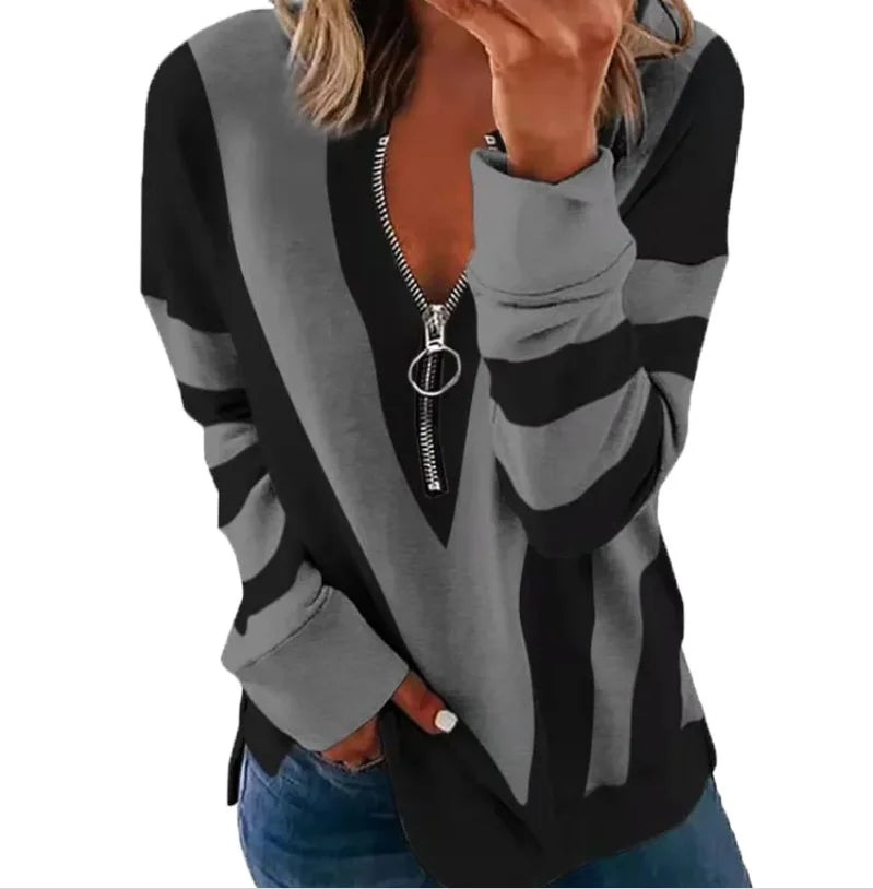 Women’s Zipper V-Neck Striped Blouse | Autumn Winter Loose Long Sleeve Top | Fashion Streetwear Tee