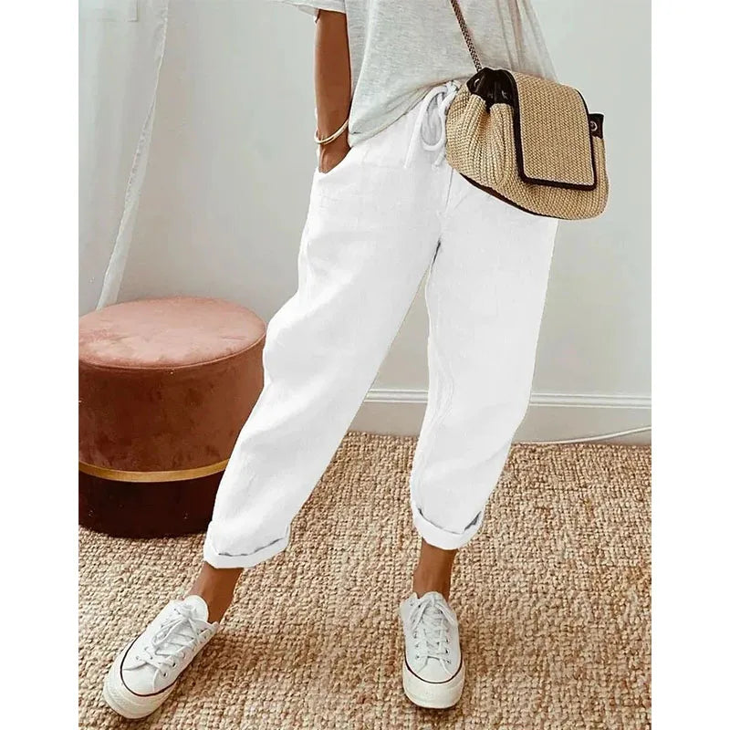 Women’s Casual Solid Color Pants – Drawstring Elastic Waist Trousers with Pockets | Lounge Fashion Straight Pants