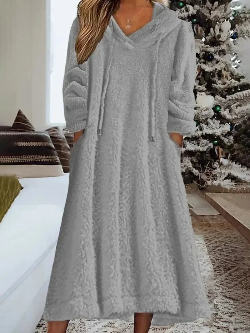 Autumn Winter Plush Hooded Maxi Dress for Women – Warm Casual Home Wear Loose Long Sleeve Comfort Dress | Robe Femme