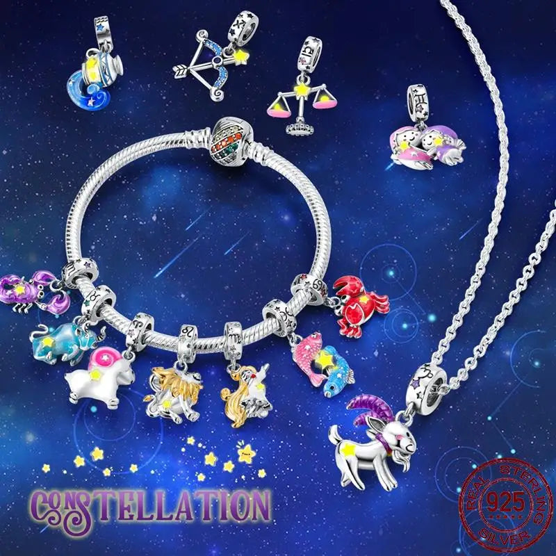 Original 925 Sterling Silver 12 Constellation Luminous Charm | Fits Pandora 3mm Bracelet DIY Jewelry Gift for Women
