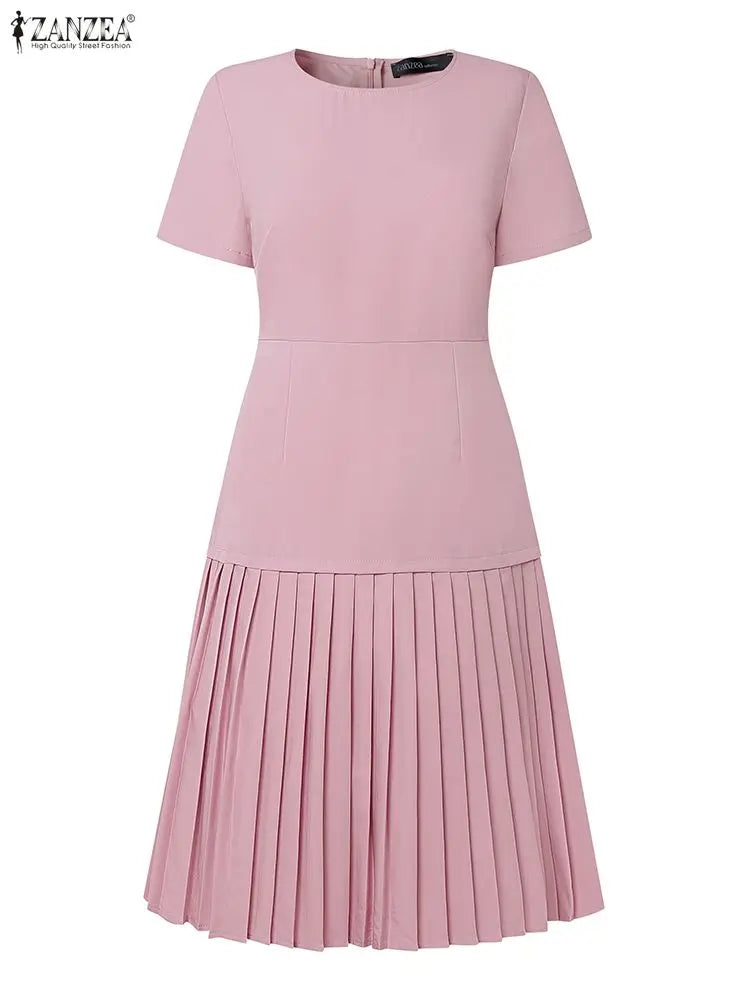 Women Pleated Dress 👗 Elegant O-Neck Short Sleeve Fitted Waist A-Line Knee-Length Dress 🌸 ZANZEA Fashion
