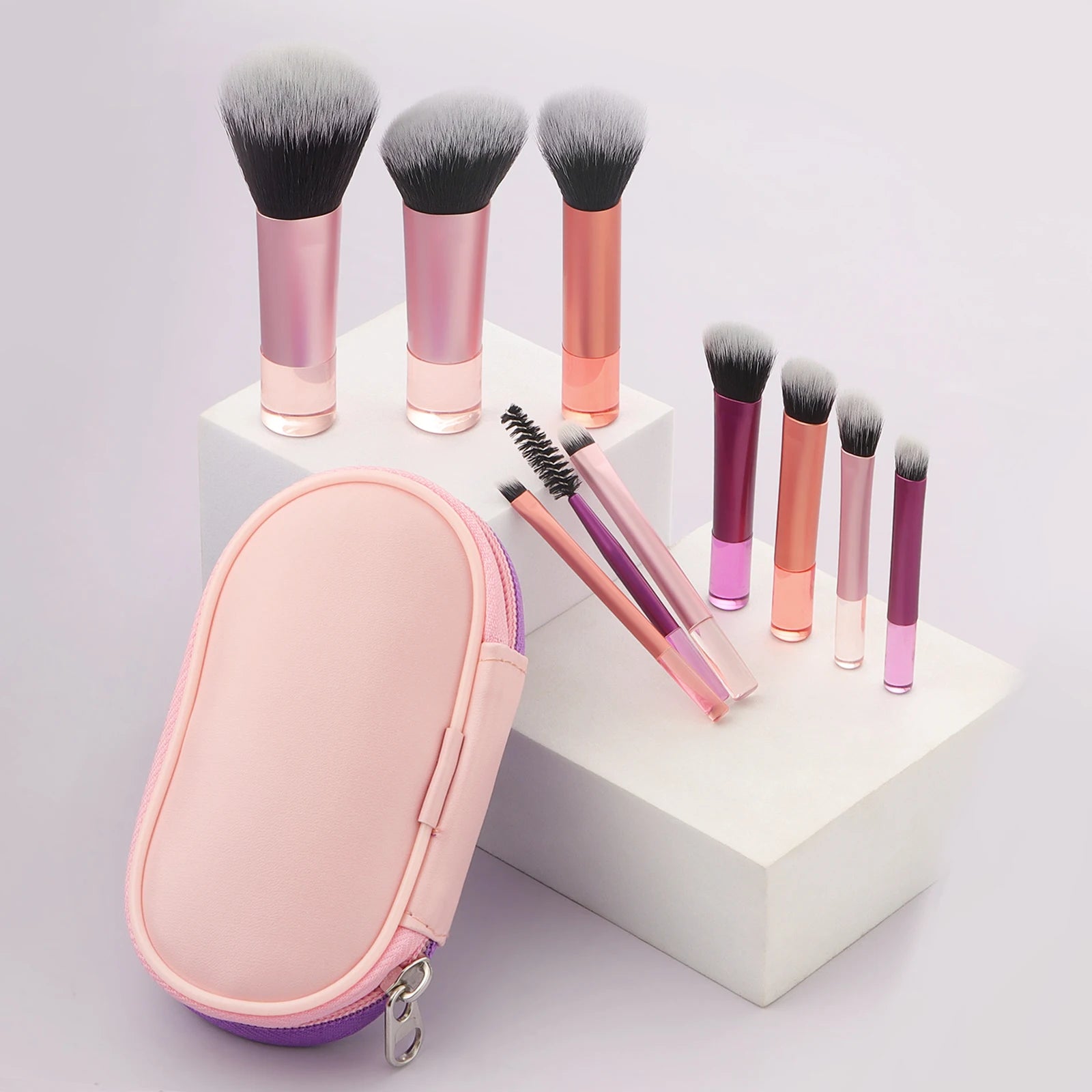 10pcs Mini Makeup Brush Set with Bag – Plastic Handle Multifunctional Makeup Brushes for Home & On-the-Go Use