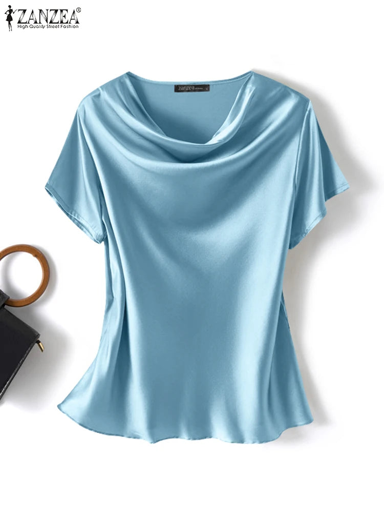 Women’s Summer ZANZEA Satin Blouse 2024 – Short Sleeve O-Neck Oversized Tunic 👚☀️