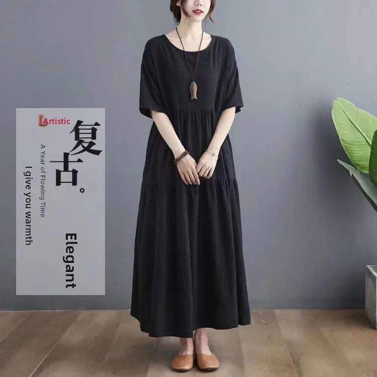 Cotton Linen Midi Dr Slimming A-Line Skirt High Waist Concealing Belly Summer New Sle Artistic Mid-aged And ly Wome...