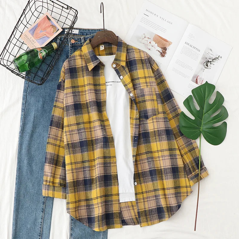 Women’s Plaid Shirt | Spring Autumn Long Sleeve Blouse | Casual Cotton Checkered Top