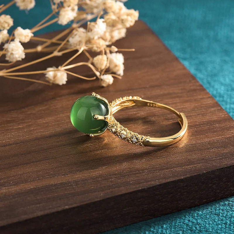 PANJBJ 925 Sterling Silver Hotan Jade Geometric Adjustable Ring | Retro Delicate Jewelry Gift for Women