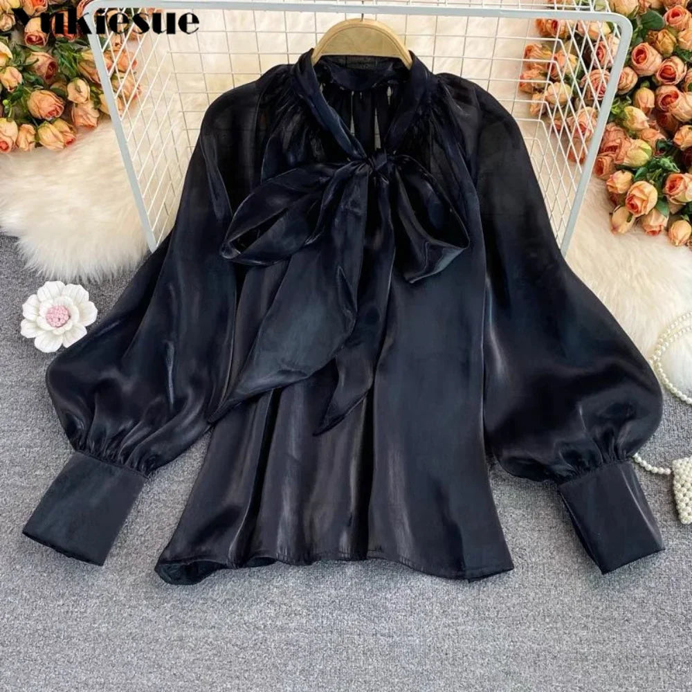 Spring Autumn Korean Harajuku Women’s Top – Bowknot Lantern Sleeve Loose Solid Shirt 🌸👚✨