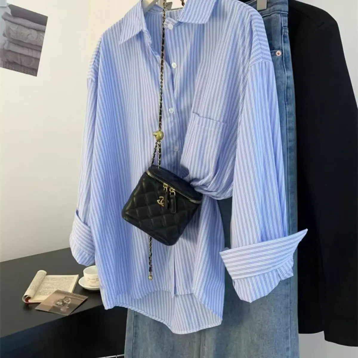 Retro Lazy Style Blue Striped Women’s Long Sleeve Shirt | Spring Autumn Design Sense Outerwear Blouse