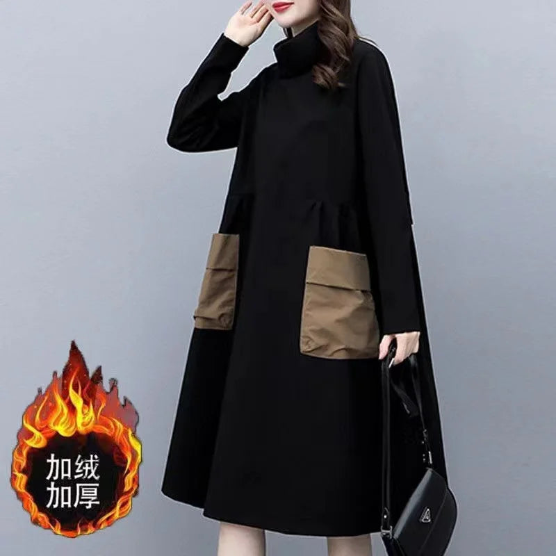 Women’s Retro Thickened Fleece Mid-Length Winter Skirt – Knee-Length A-Line Warm Polyester Fiber Base Layer