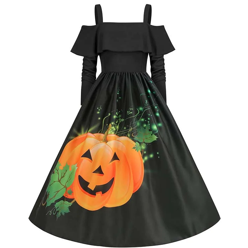 Elegant Spaghetti Strap Halloween Party Dress – Vintage Long Sleeve Ruffle Evening Prom Costume for Women | Autumn Winter