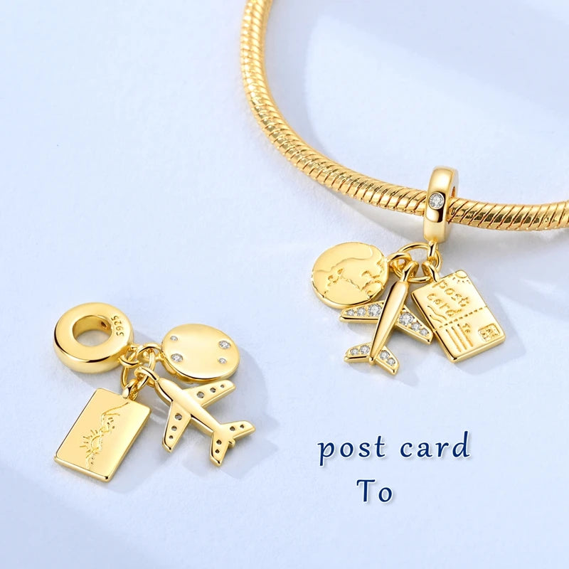 925 Sterling Silver Golden Charms Bow Cross Earth Passport Dangle | Fits Original Bracelet DIY Jewelry Gift for Women