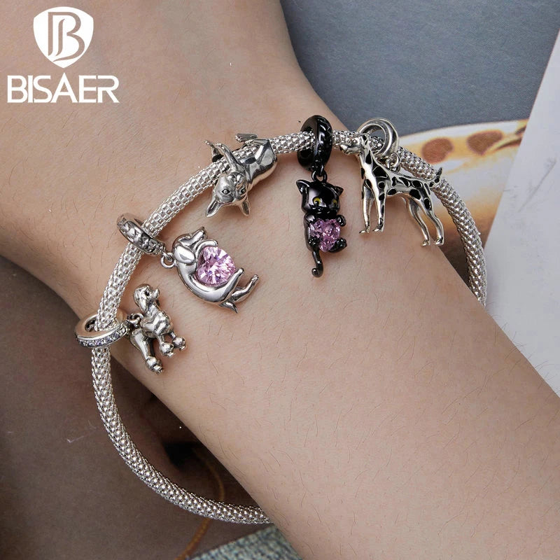 BISAER 925 Sterling Silver Dog Charm | Cute Dachshund Pet Bead Pendant for Women’s DIY Bracelet Jewelry