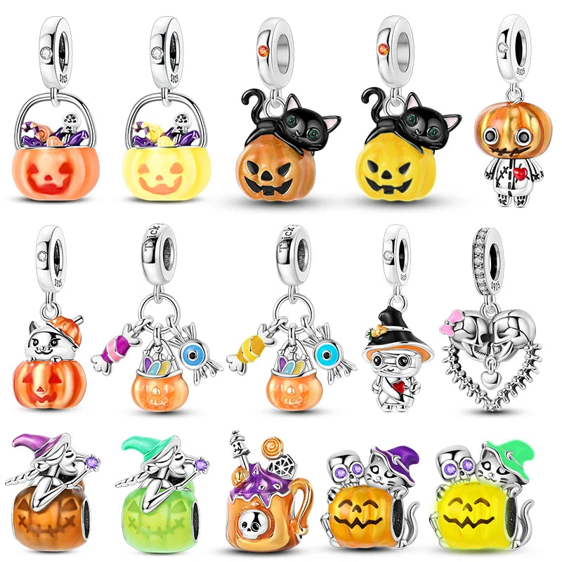 925 Sterling Silver Halloween Series Charms | Pumpkin, Witch, Skull & Candy Beads Fit Original Bracelet DIY Jewelry