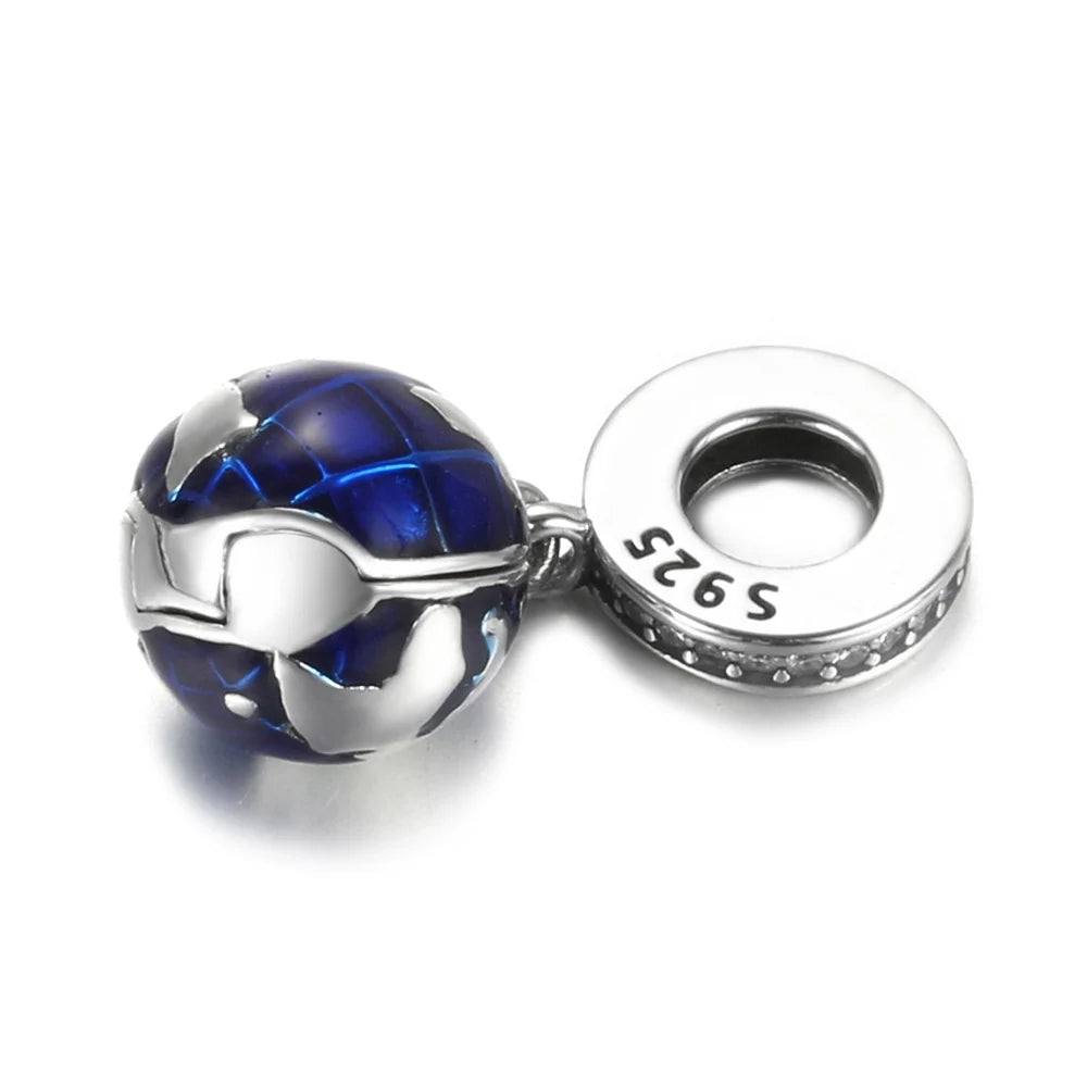 925 Sterling Silver Blue Planet & Dolphin Galaxy Dangle Charm | Women’s Bracelet DIY Jewelry