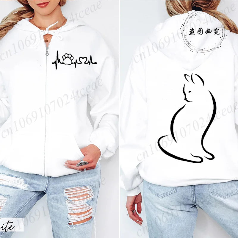 Women’s Cat Heartbeat Zipper Hoodie | Cute Zip-Up Sweatshirt | Autumn Winter Streetwear Jacket