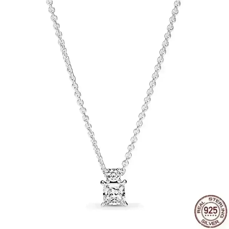 New 925 Sterling Silver Sparkling Heart-Shaped Square Pendant Necklace for Women