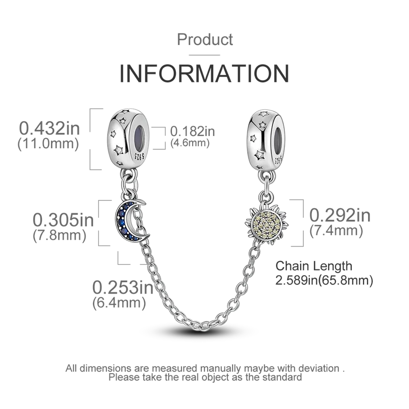 925 Sterling Silver Star, Moon & Heart Safety Chain | CZ Beads Angel Wing Charm for Original Bracelet DIY Jewelry