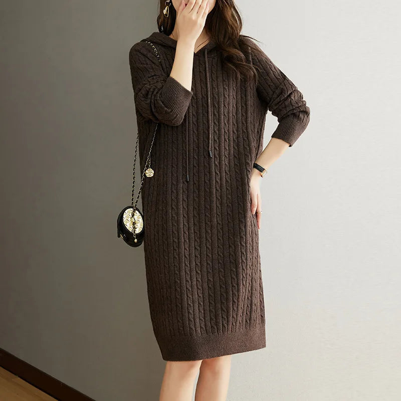 Autumn Winter Women’s Thickened Hooded Sweater Dress – Loose Long Sleeve Knitted Dress for Warm Comfort